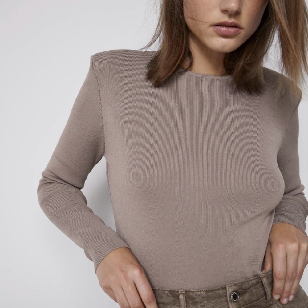 ZARA TAUPE BANDAGE KNIT SWEATER WITH SHOULDER PADS